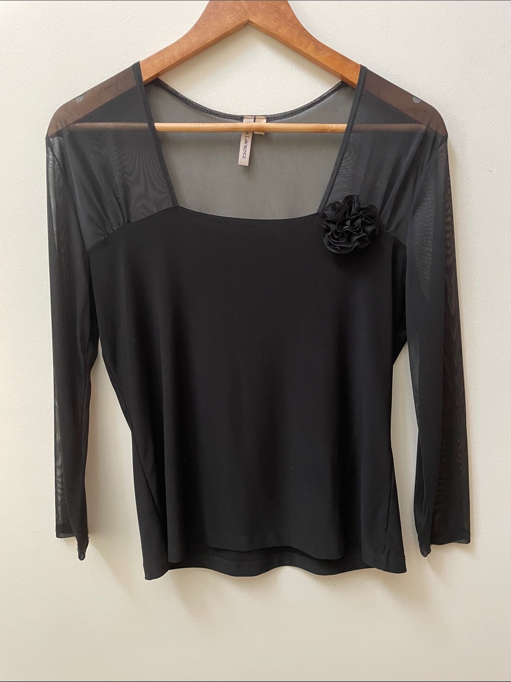 Susan Lawrence Black Sheer-Yoke Long Sleeve Top with Rosette